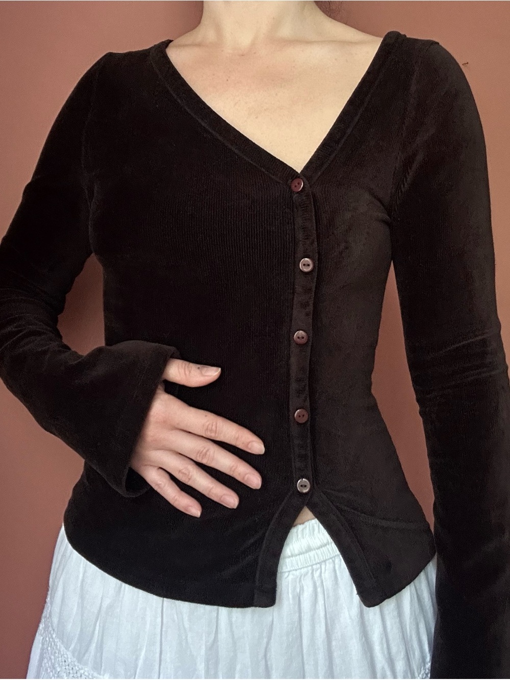 ASOS Design brown velvet asymmetrical button up cardigan